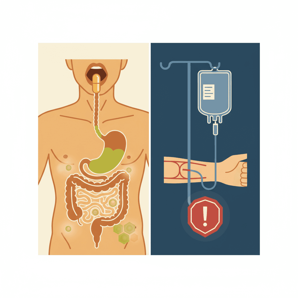 Clean educational illustration comparing oral supplement capsule pathway versus intravenous drip bag for glutathione delivery, with safety warning visual element for IV route, warm and calm tones, no text