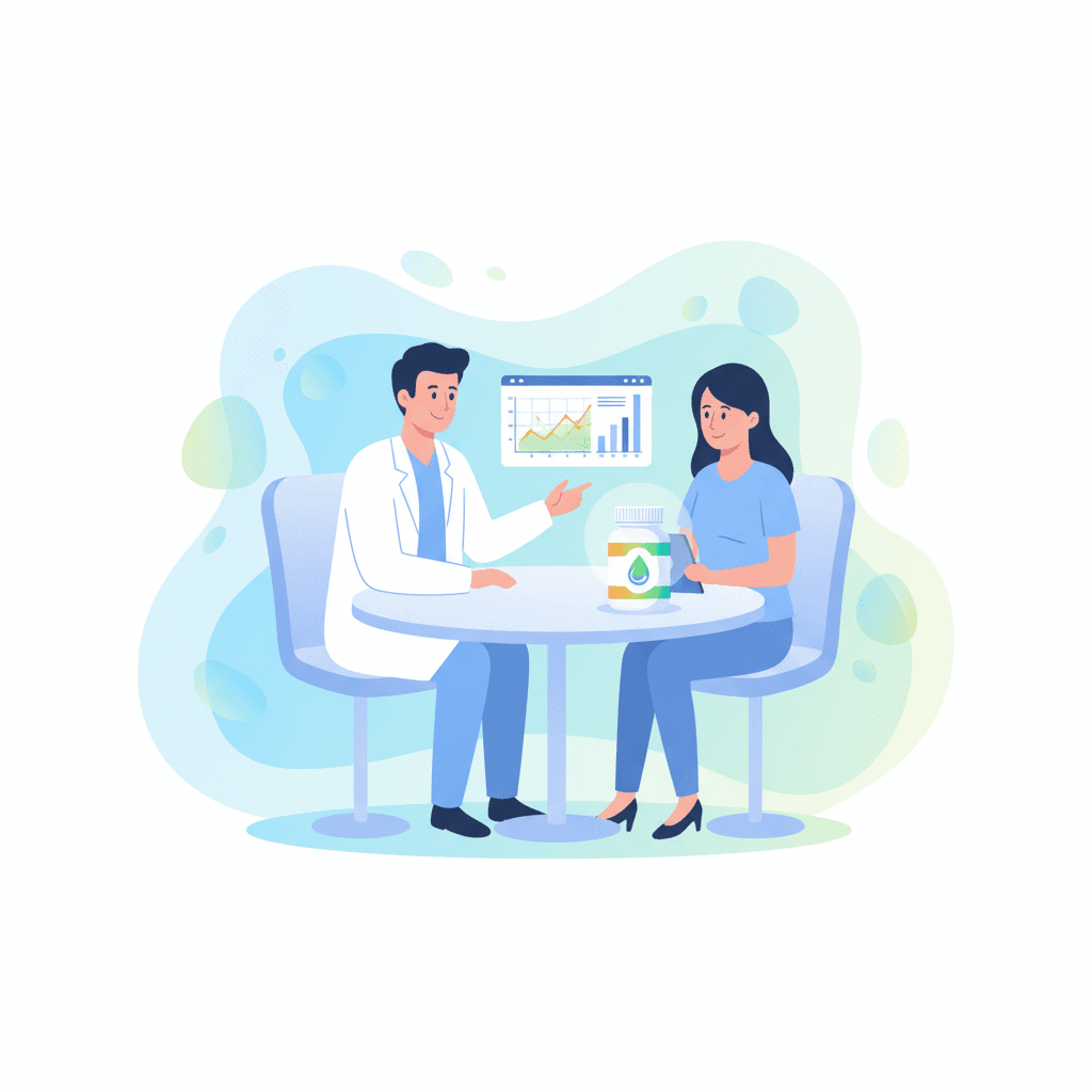 Medical consultation illustration showing a patient and doctor reviewing lipid panel blood test results with omega-3 supplement packaging nearby