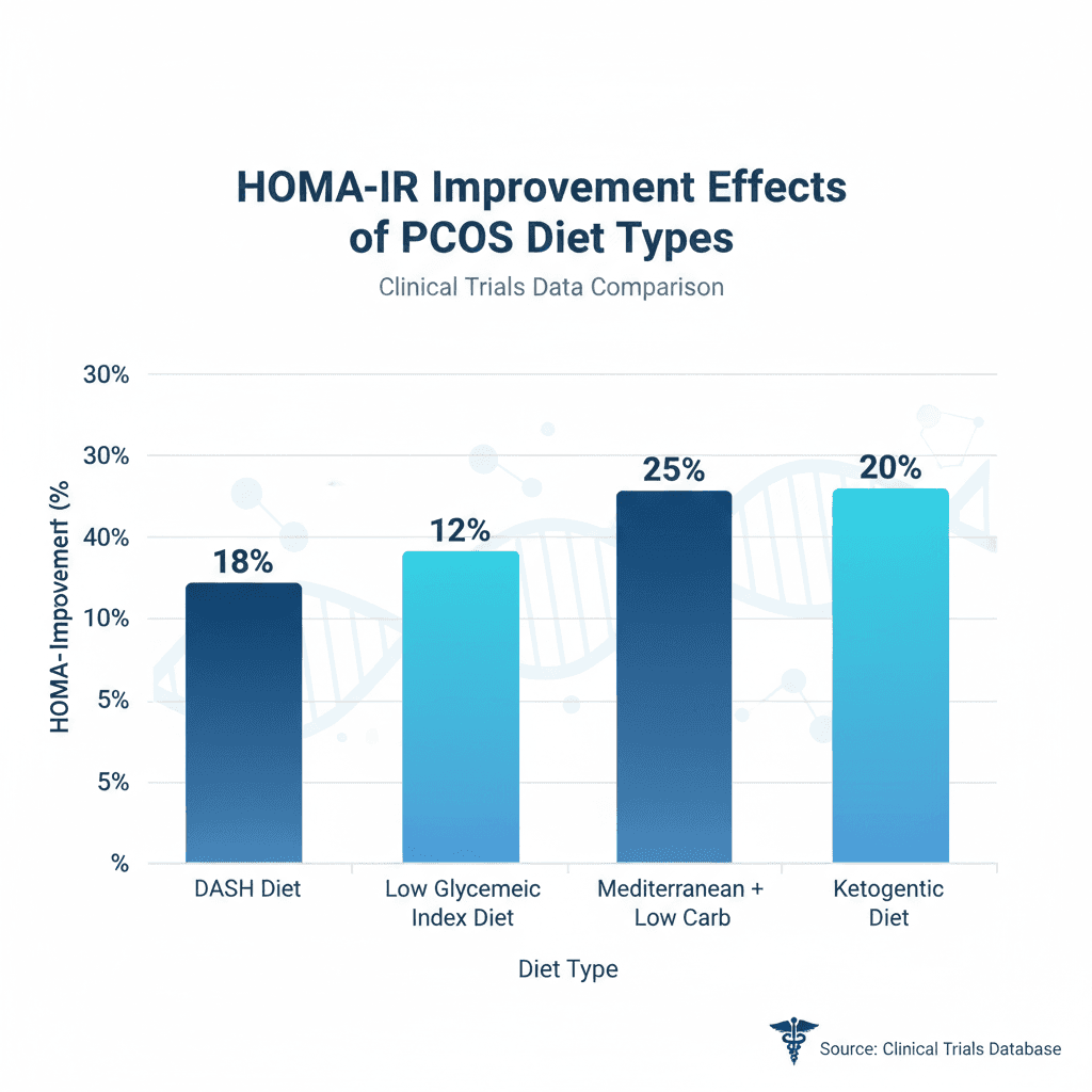 PCOS 식단 유형별 HOMA-IR 개선 효과를 비교한 막대그래프. DASH, 저혈당지수, 지중해식+저탄수화물, 케토제닉 순서로 데이터 수치를 시각화한 과학적 스타일의 차트