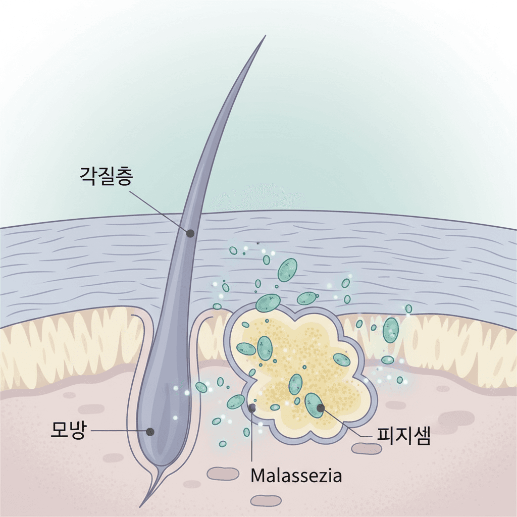 두피 단면 확대 모식도. 피지샘에서 분비된 트리글리세리드가 말라세지아 균의 지질분해효소에 의해 유리지방산으로 분해되는 과정을 단계적으로 표현. 각질층, 모낭, 피지샘, 균류를 라벨과 함께 표시